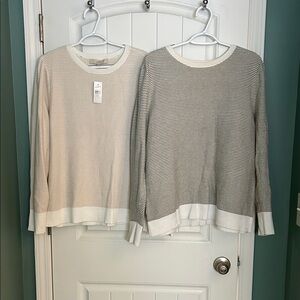 LOFT Women's Striped Sweater - Cream and Gray